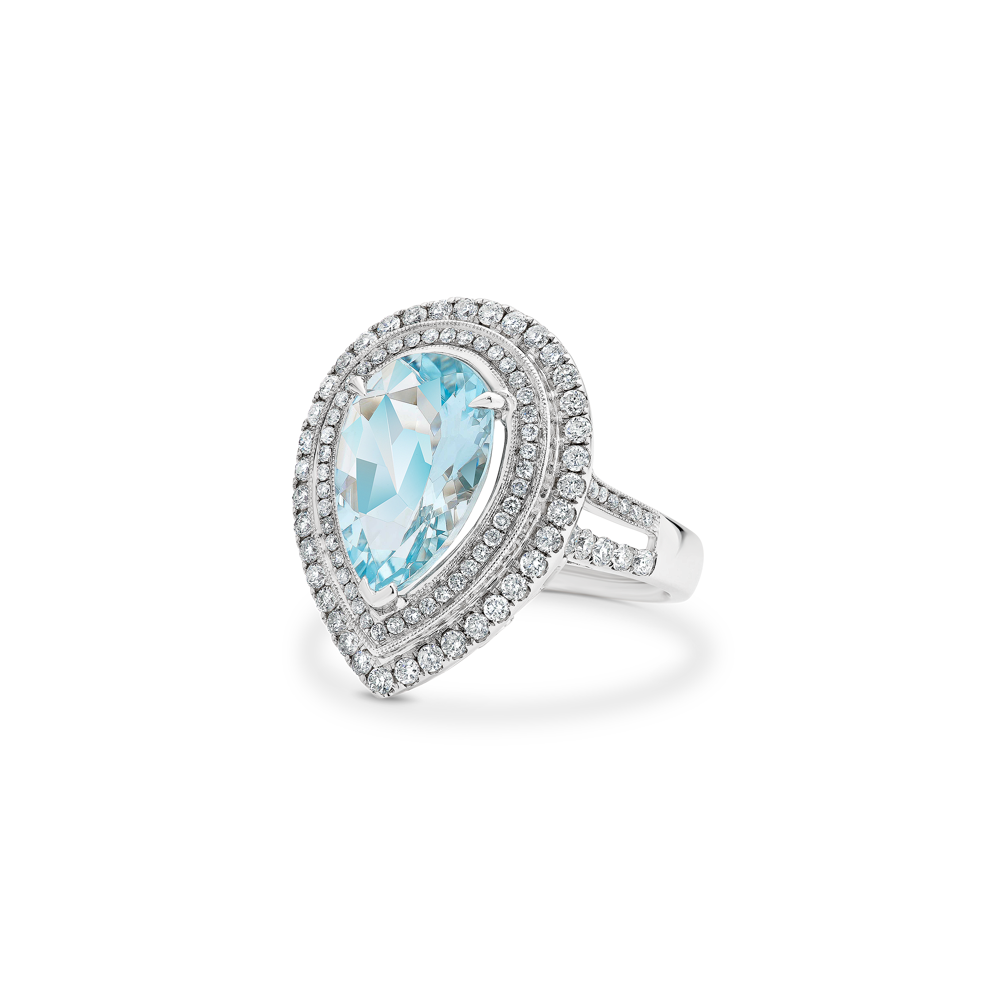 PEAR CUT AQUAMARINE DOUBLE DIAMOND HALO RING - Image 2