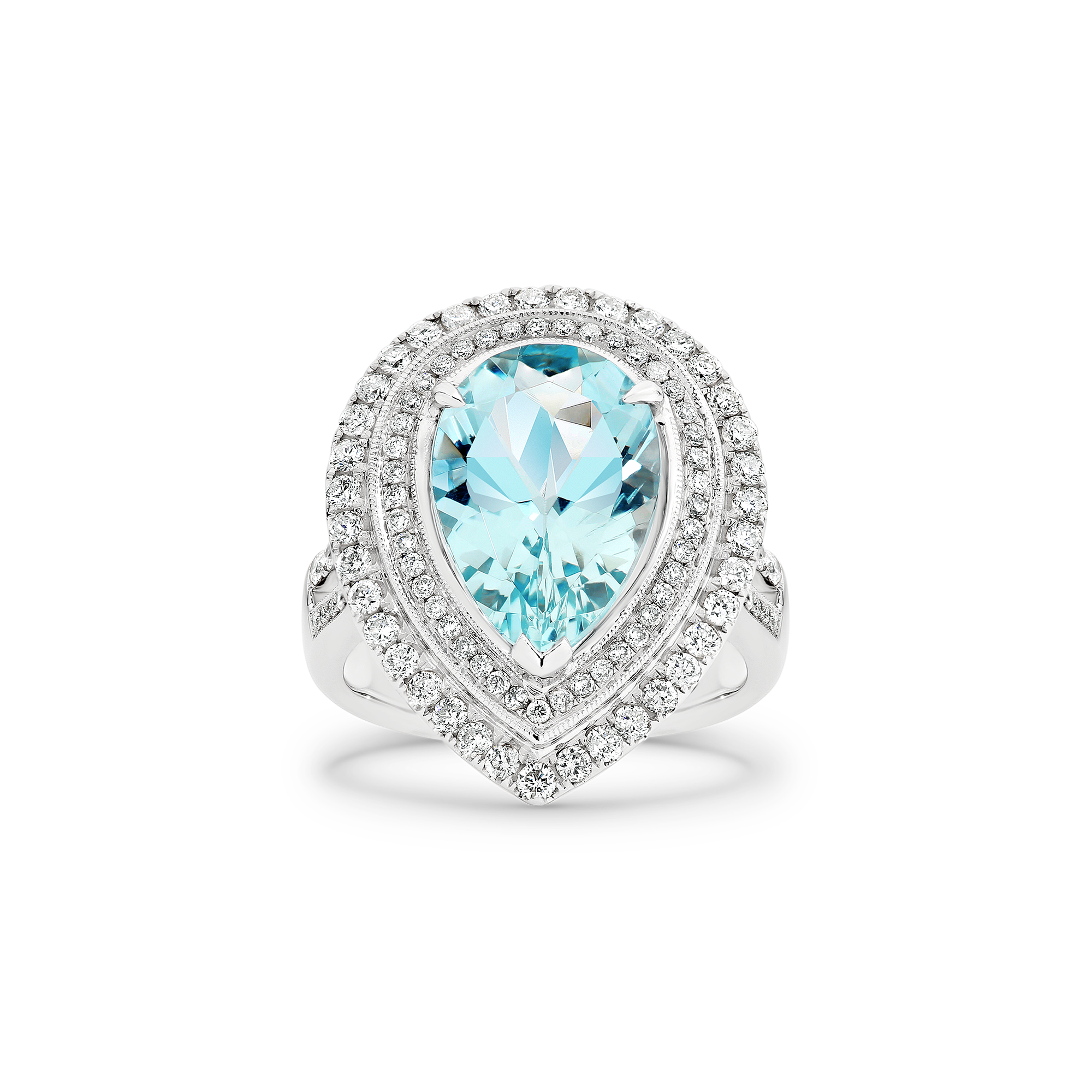 PEAR CUT AQUAMARINE DOUBLE DIAMOND HALO RING