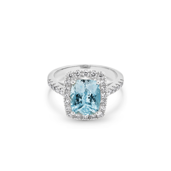 CUSHION CUT AQUAMARINE DIAMOND HALO RING