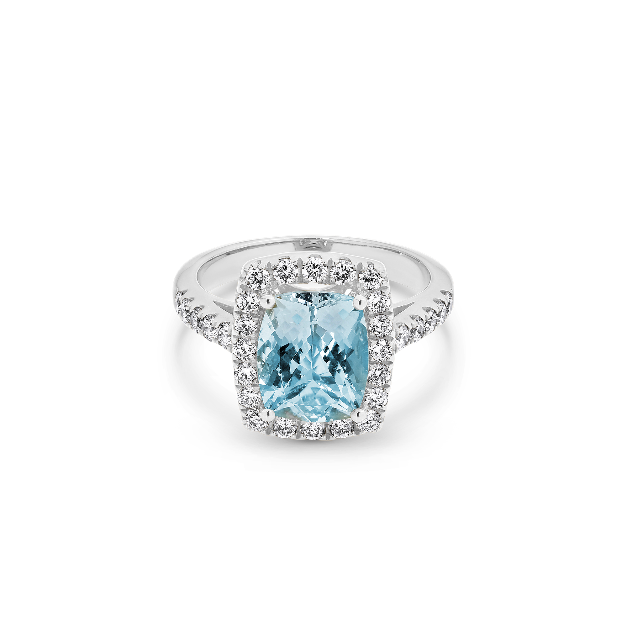 CUSHION CUT AQUAMARINE DIAMOND HALO RING