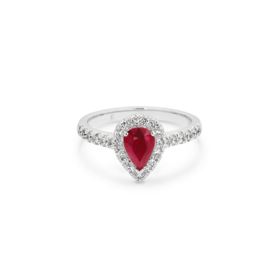 PEAR RUBY HALO DIAMOND RING