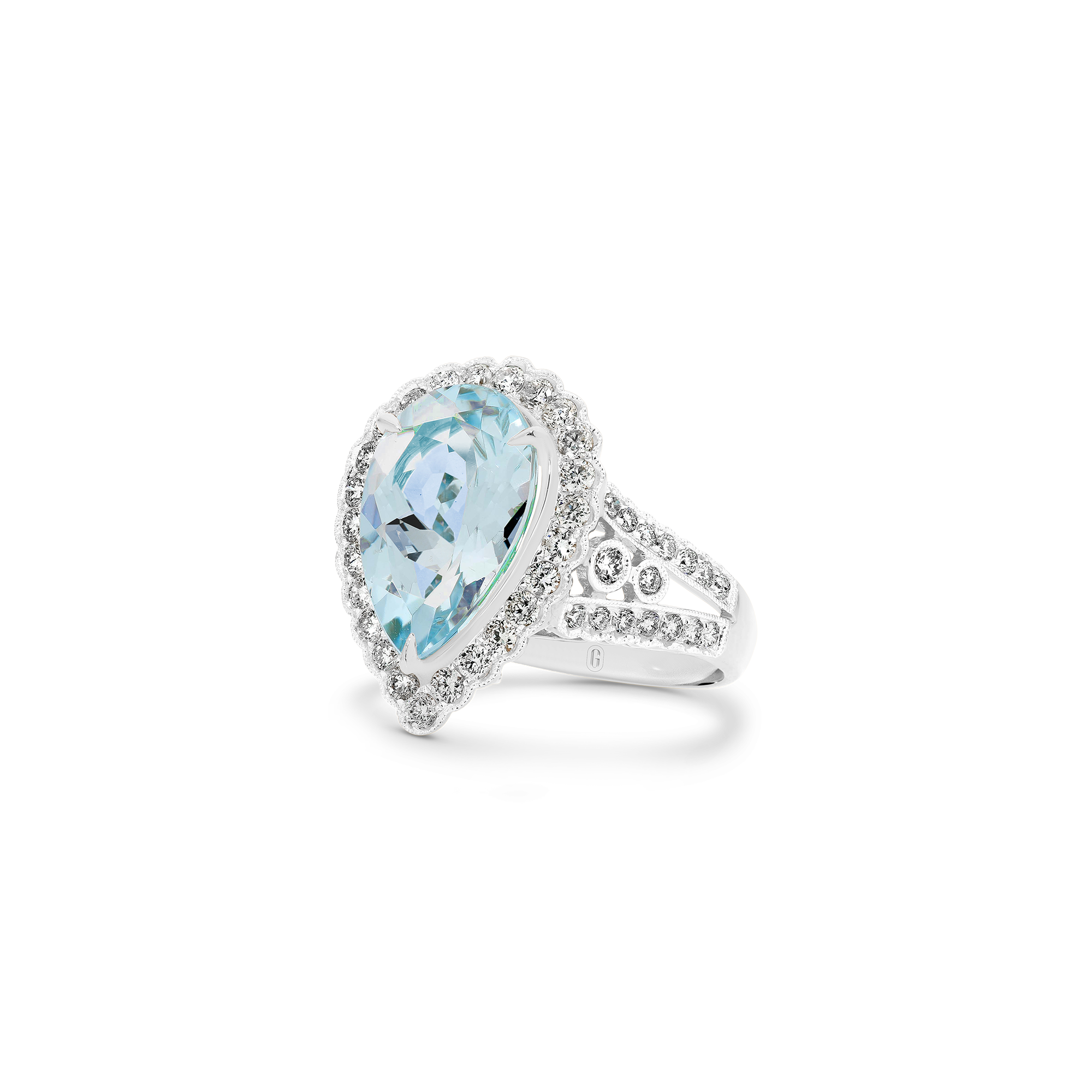 PEAR CUT AQUAMARINE MILGRAIN DIAMOND RING - Image 2