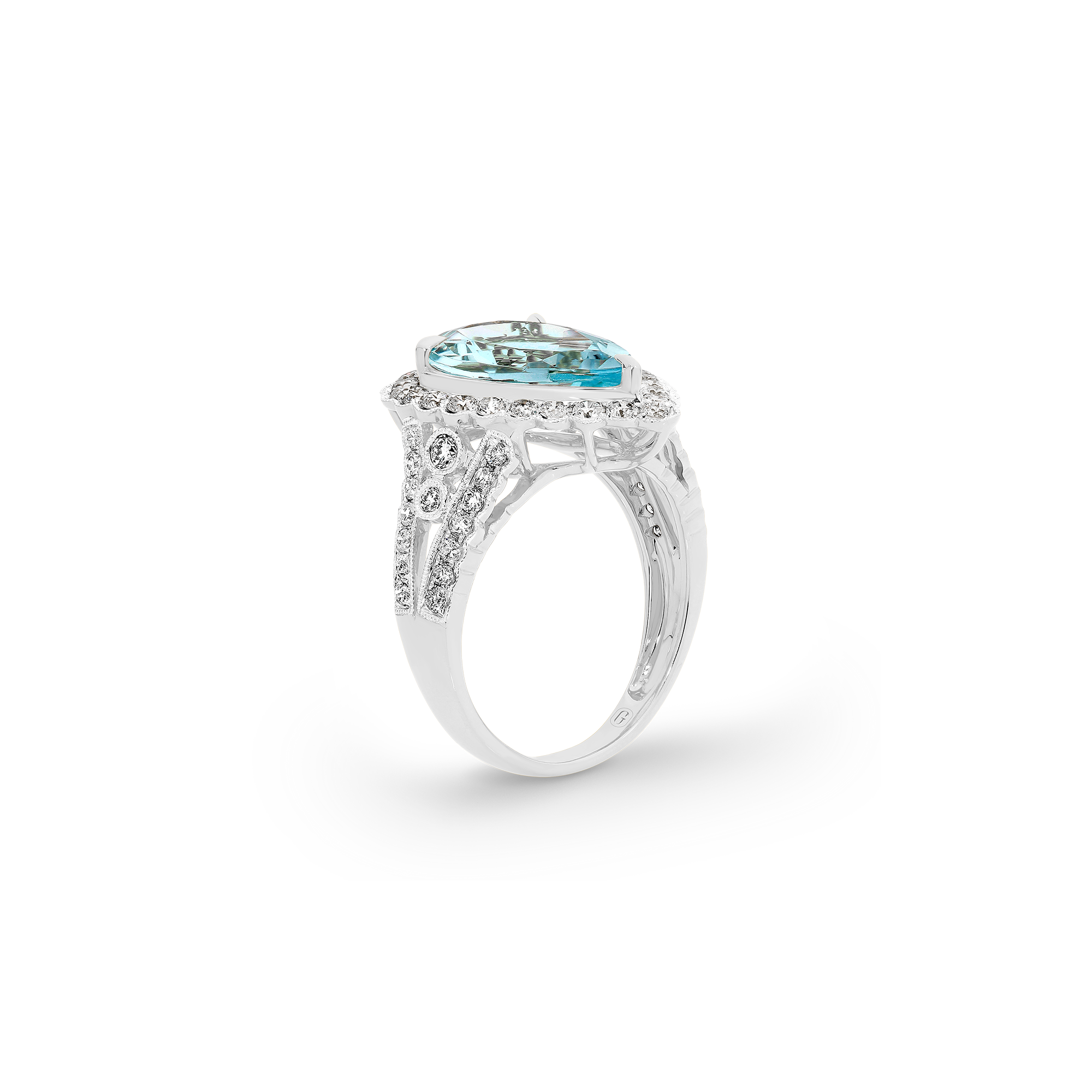 PEAR CUT AQUAMARINE MILGRAIN DIAMOND RING - Image 3