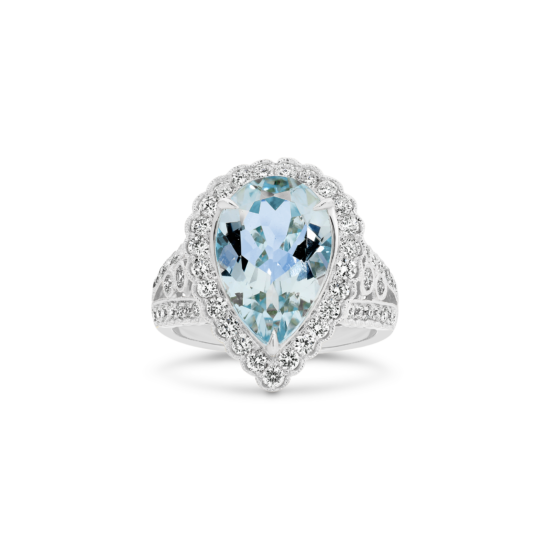 PEAR CUT AQUAMARINE MILGRAIN DIAMOND RING