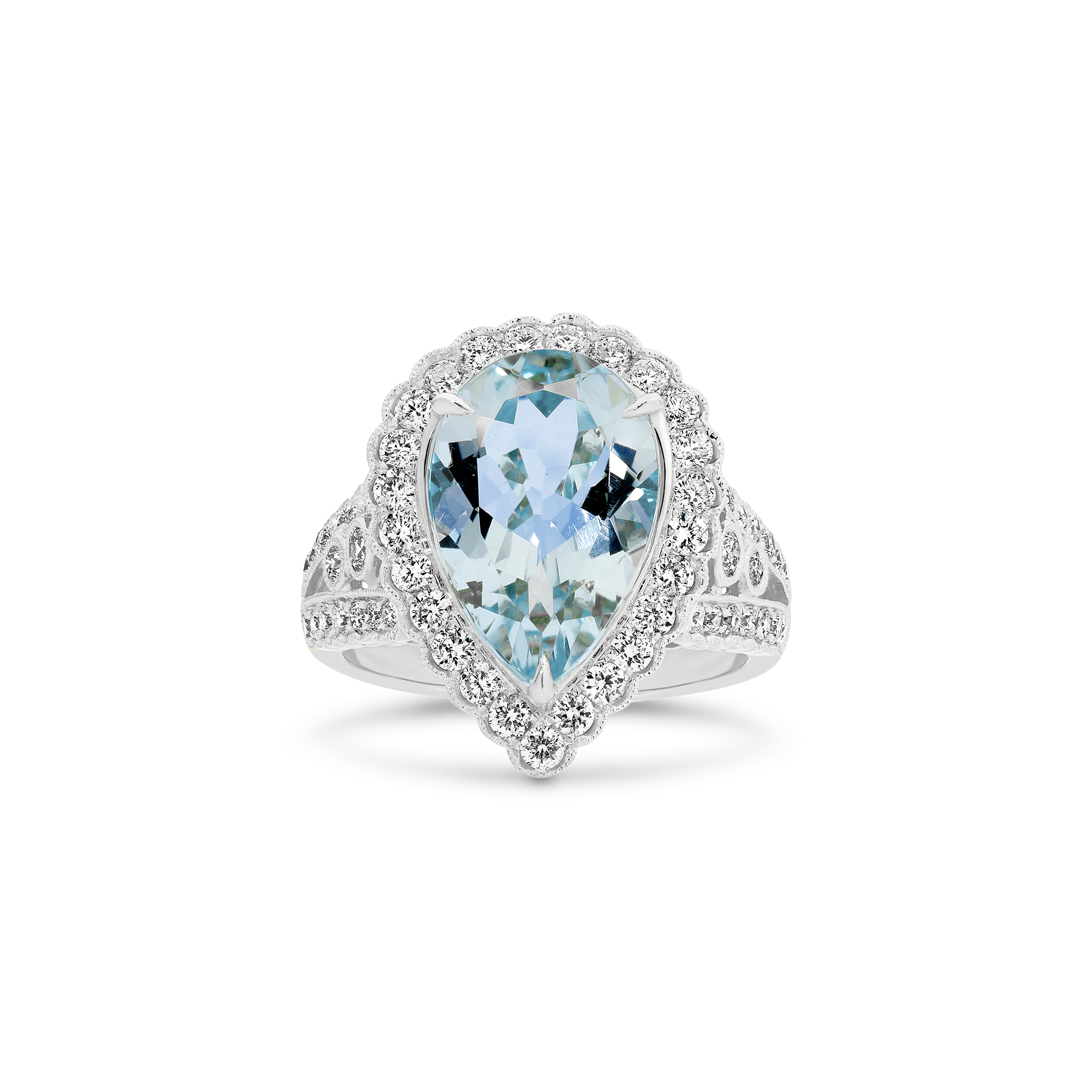 PEAR CUT AQUAMARINE MILGRAIN DIAMOND RING